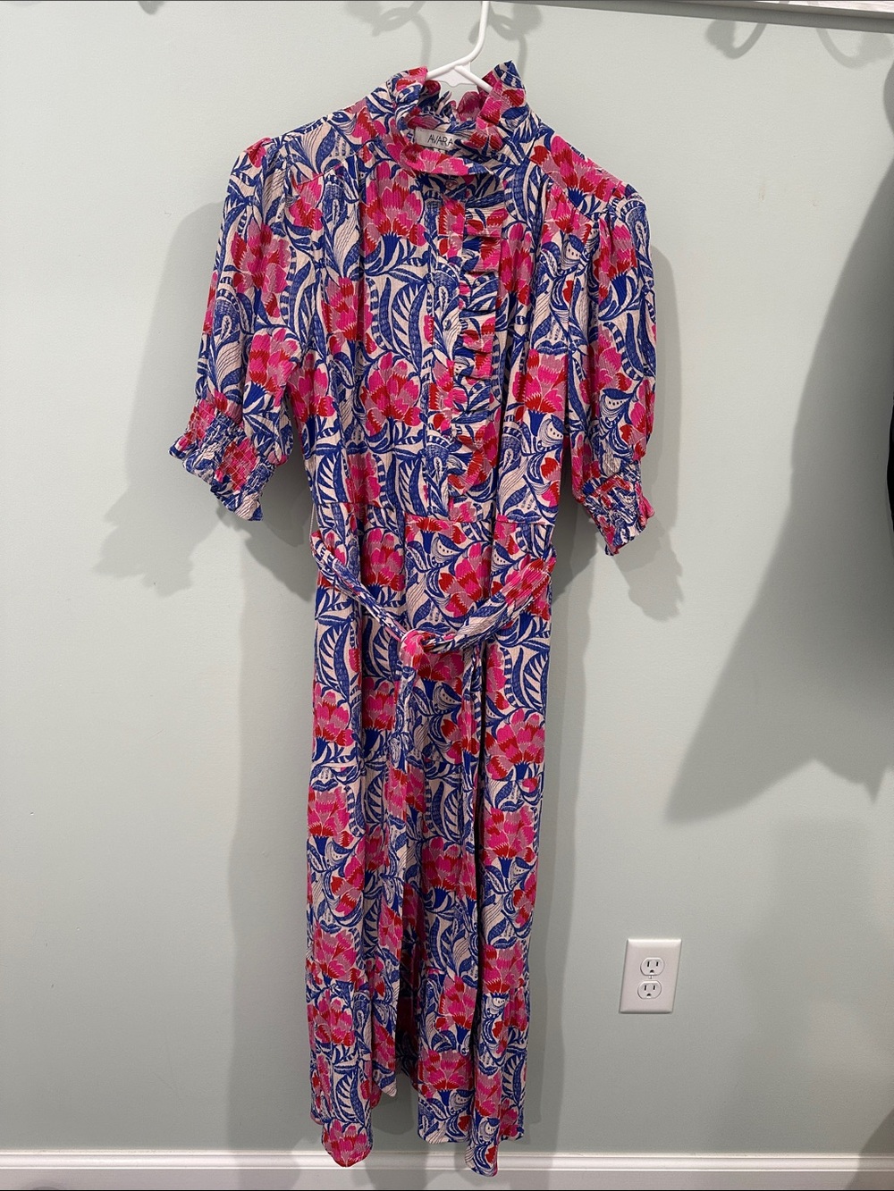 Avara dress- Floral Pink & Blue Ruffled Midi Dress with Belt